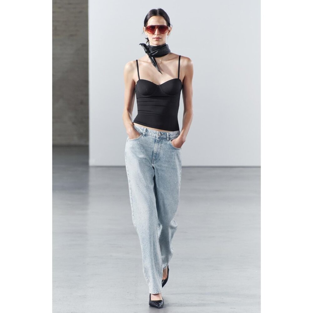 NWT Zara The Embellished slim fit straight leg mid rise fit in medium blue, 6